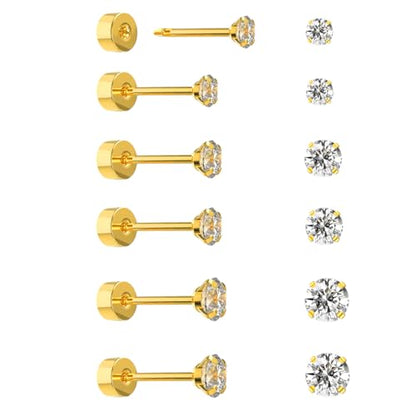 5-6 pairs Push-in Flat Back Stud Earrings Hypoallergenic Surgical Stainless Steel Cubic Zirconia Earrings Studs Set Multi-Pack, CZ Stud Earrings for Women Men Trendy Cartilage Stud Earrings 2-8mm - color: Gold-2/3/4mm(6pairs）