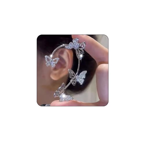 BETHYNAS Glitter Rhinestone Butterfly Flower Ear Cuff Sparkly Non-Pierced Crystal Tassel Fake Earrings Climber Lady Ear Wrap Bridal Party Ear Jewelry for Women and Girls - color: Silver Hollow Butterfly