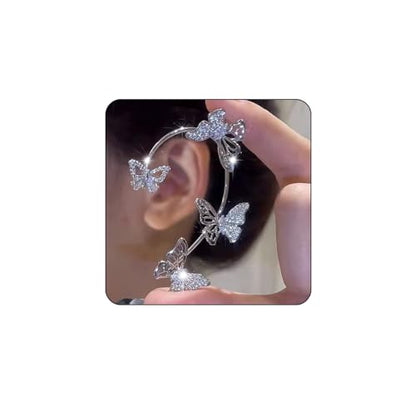 BETHYNAS Glitter Rhinestone Butterfly Flower Ear Cuff Sparkly Non-Pierced Crystal Tassel Fake Earrings Climber Lady Ear Wrap Bridal Party Ear Jewelry for Women and Girls - color: Silver Hollow Butterfly