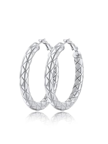 FindChic Chunky Hoop Earrings for Women, Silver/Black/14K Gold Plated Crossover Patterned Hollow Tube Rounded Loop Earrings, 30mm/40mm/60mm/80mm Hoops with Custom Name Options and Gift Box - color: b.Silver, size: 40MM