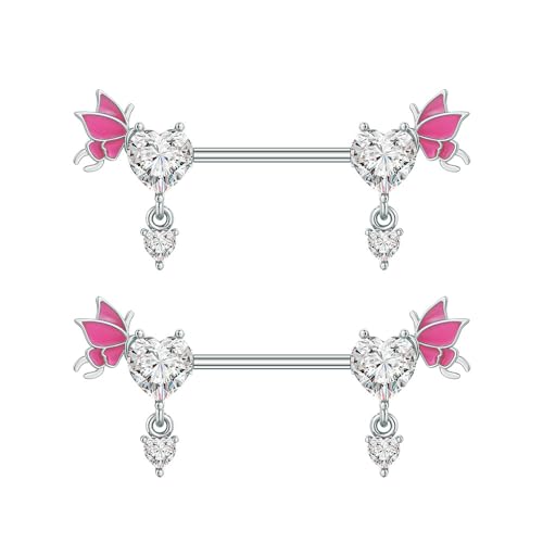 Pink Heart Nipple Rings for Women 14G 16mm Surgical Steel CZ Rhinestone Butterfly Dangling Nipple Shield Studs Body Piercing Jewelry Gifts - color: White