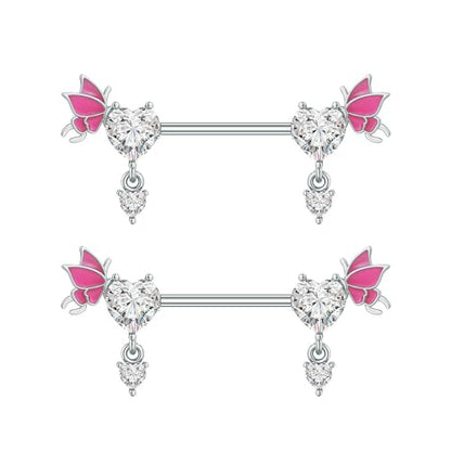 Pink Heart Nipple Rings for Women 14G 16mm Surgical Steel CZ Rhinestone Butterfly Dangling Nipple Shield Studs Body Piercing Jewelry Gifts - color: White