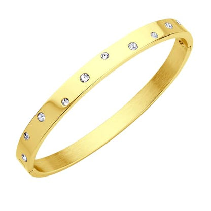 555Jewelry Womens Sparkling Cubic Zirconia Secure Hinge Lock Bangle Stainless Steel Bracelet - color: Yellow Gold Style 3