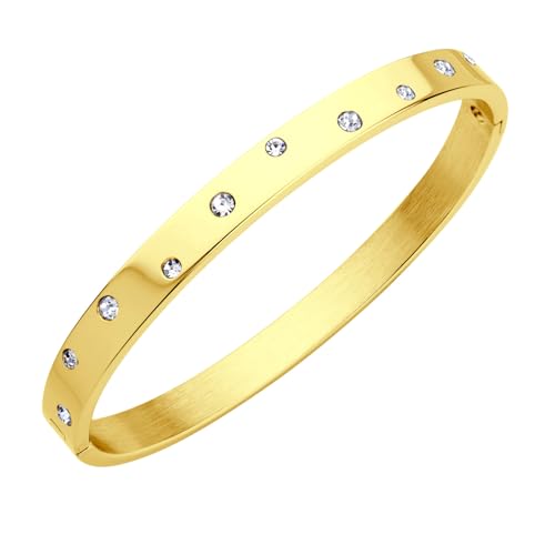 555Jewelry Womens Sparkling Cubic Zirconia Secure Hinge Lock Bangle Stainless Steel Bracelet - color: Yellow Gold Style 3