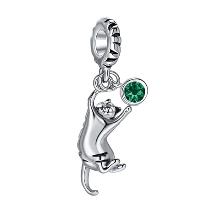 Ginger Cat Playing Tabby Dangle Charm Compatible with Pandora Charms Bracelets with CZ Birthstones for Cat Lovers Women Mother's Day - style: May Tabby Cat