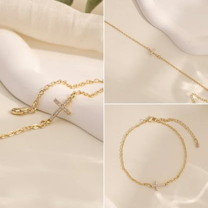Gold Bracelets for Women:Dainty Cross Christian Bracelets Gold Jewelry | 14K Gold Plated Cross Bracelets for Women,Adjustable Cute Christian Cross Chain Bracelet,Non Tarnish Jewelry Baptism Gifts