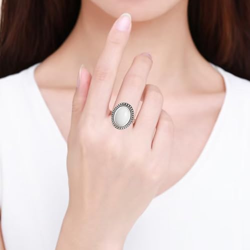 Natural Oval Stone Boho Ring,Retro Antique S925 Sterling Silver Crystal Quartz Gemstone Bohemian Statement Handmade Ring Jewelry for Women Her - color: B10_White Jade
