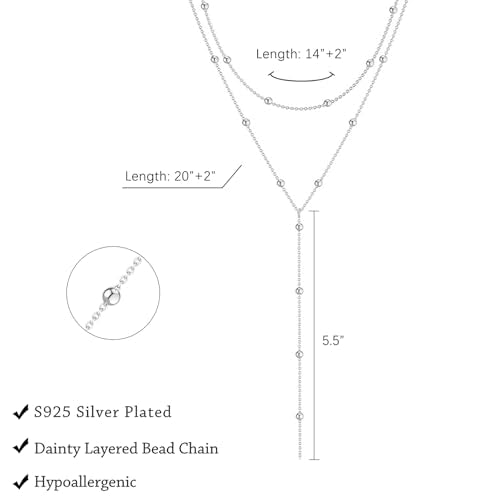 LULII Gold Necklace for Women Trendy Lariat Y Necklace Dainty 14k Gold Plated/Silver Long Necklaces for Women Layered Beaded Drop Necklaces Simple Y-Shaped Chain Jewelry Gifts - color: Y Layered Bead Necklace-Silver
