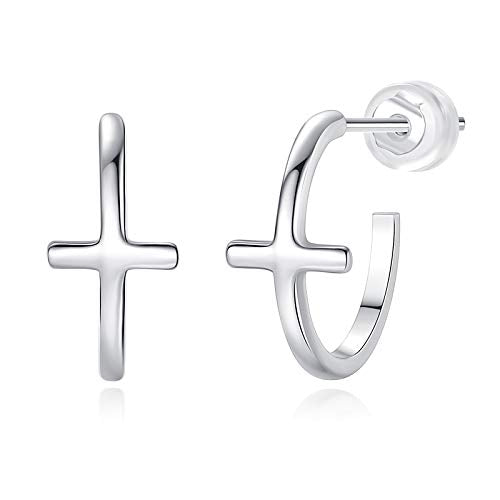 Me&Hz Gold Huggie Earrings Small Huggie Hoop Earrings for Women 14K Gold Plated Hypoallergenic Cubic Zirconia Huggies Mini Silver Hoop Earring for Women - color: Silver,Cross