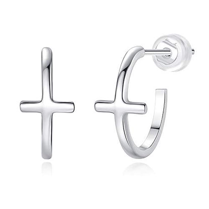 Me&Hz Gold Huggie Earrings Small Huggie Hoop Earrings for Women 14K Gold Plated Hypoallergenic Cubic Zirconia Huggies Mini Silver Hoop Earring for Women - color: Silver,Cross