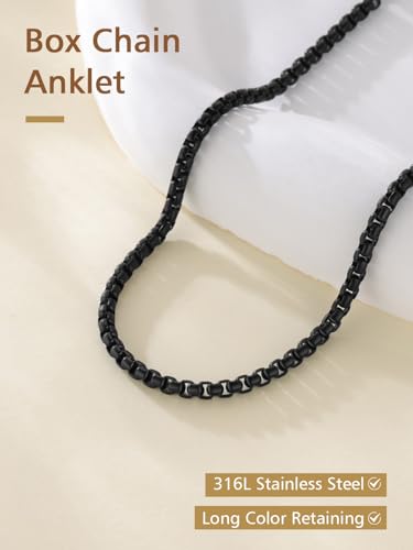 FindChic Stainless Steel Ankle Bracelets for Women, Waterproof Figaro/Cuban/Box/Beaded Chain Anklets, Summer Beach Foot Jewelry, 8.5''-10.5'' Adjustable Length, with Gift Box - style: Box Chain-Black