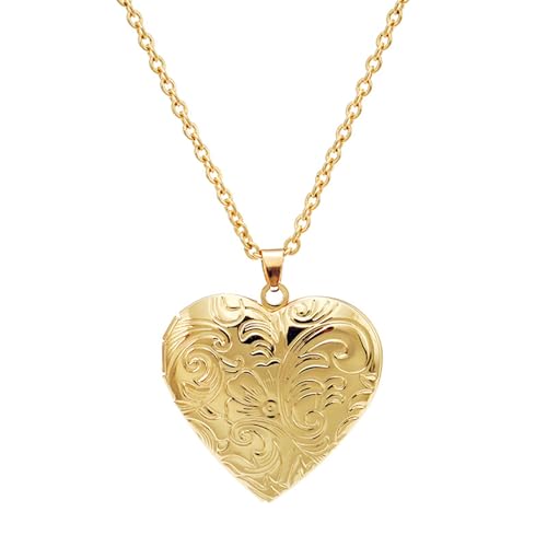 Engraved Flower Empaistic Geometric Photo Locket Necklace Gold Silver Plated Vintage Antiqued Carved Pattern Oval Round Hold Pictures Pendant Necklace for Men Women Souvenir Memorial Fashion Jewelry Gifts - color: Gold heart