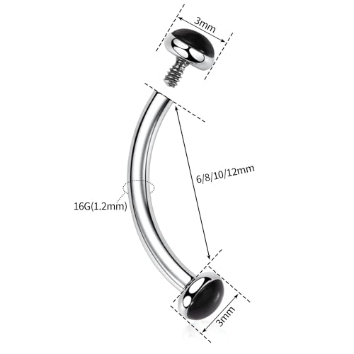 GAGABODY G23 Titanium Eyebrow Piercing Jewelry Curved Barbell Lip Ring | Internal Thread Used in Eyebrow,Belly,Rook 16 Gauge from 6mm to 12mm Lightweight Daily for Woman and Man Sensitive Skin - color: 1Pc-Disc Shape Silver+Black Agate, size: 16G-8mm