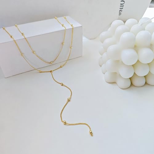 Zeffy Lariat Gold Necklace for Women, Dainty Long Necklace 14k Gold/Silver Plated Layered CZ Beaded Bar Chain Y-Shaped Body Chain Stack Drop Wedding Necklace Trendy Simple Gold Jewelry Gifts - color: Gold Bead Y Necklace (1PCS)