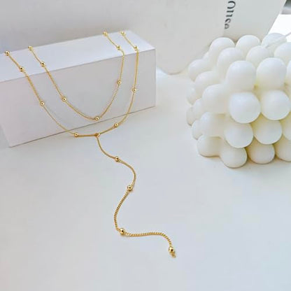 Zeffy Lariat Gold Necklace for Women, Dainty Long Necklace 14k Gold/Silver Plated Layered CZ Beaded Bar Chain Y-Shaped Body Chain Stack Drop Wedding Necklace Trendy Simple Gold Jewelry Gifts - color: Gold Bead Y Necklace (1PCS)