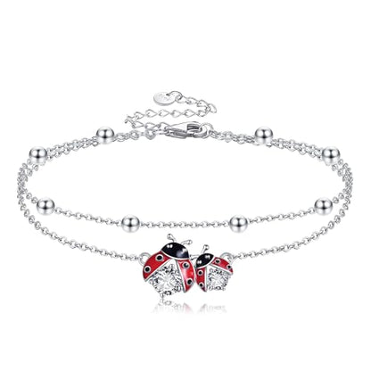 POPLYKE Frog/Pearl/Dragonfly/Ladybug/Highland Cow/Pearl/Moonstone Anklets Sterling Silver Double Layered Chain Beach Anklets for Women Foot Jewelry - style: Ladybug Anklets