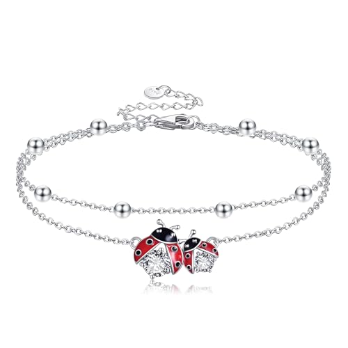 POPLYKE Frog/Pearl/Dragonfly/Ladybug/Highland Cow/Pearl/Moonstone Anklets Sterling Silver Double Layered Chain Beach Anklets for Women Foot Jewelry - style: Ladybug Anklets