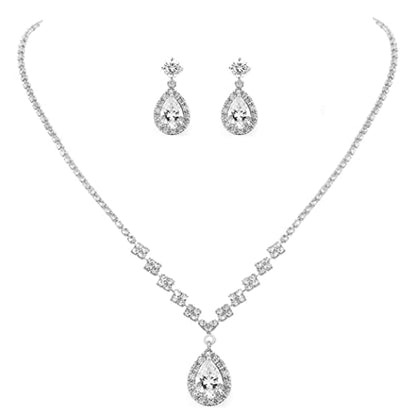 Unicra Bride Crystal Necklace Earrings Set Bridal Wedding Jewelry Sets Rhinestone Choker Necklace Prom Costume Jewelry Set for Women and Brides - color: A-Silver
