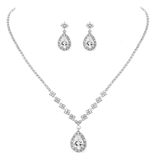 Unicra Bride Crystal Necklace Earrings Set Bridal Wedding Jewelry Sets Rhinestone Choker Necklace Prom Costume Jewelry Set for Women and Brides - color: A-Silver