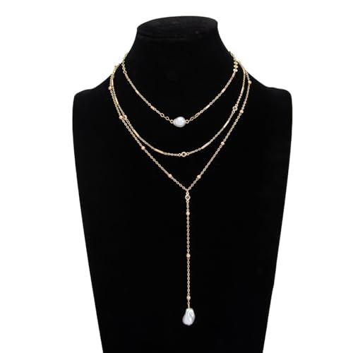 Gold Layered Necklace for Women Chunky Stacked Chain Link Paperclip Evil Eye Necklace Trendy Punk Jewelry - color: V-Pearl