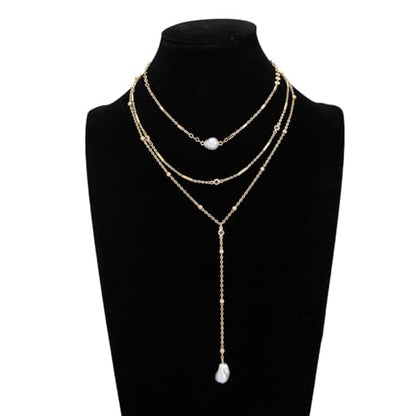 Gold Layered Necklace for Women Chunky Stacked Chain Link Paperclip Evil Eye Necklace Trendy Punk Jewelry - color: V-Pearl