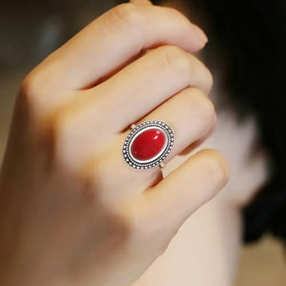 Natural Oval Stone Boho Ring,Retro Antique S925 Sterling Silver Crystal Quartz Gemstone Bohemian Statement Handmade Ring Jewelry for Women Her - color: B03_Red Quartz Jasper