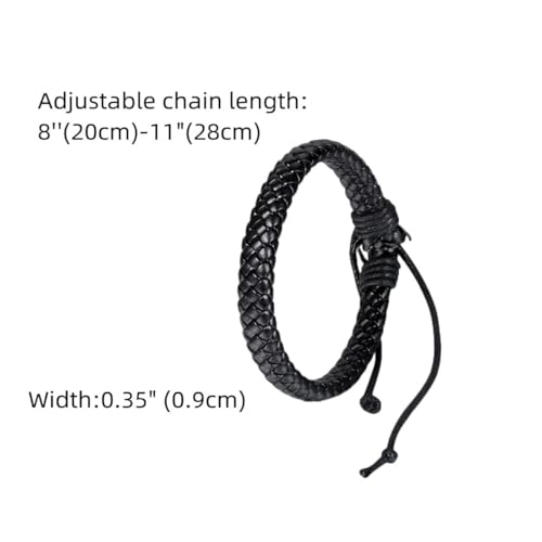 Leather Surfer Cuff Bracelet: Adjustable Braided Rope Woven Wrap Wristband for Men Women, Fit 7.6-10.6 inch Wrist - color: Black