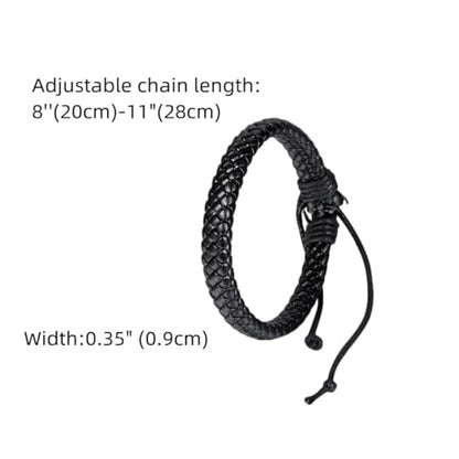 Leather Surfer Cuff Bracelet: Adjustable Braided Rope Woven Wrap Wristband for Men Women, Fit 7.6-10.6 inch Wrist - color: Black