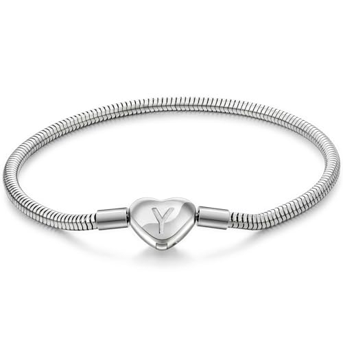 Initial Bracelet Heart Clasp Stainless Steel Snake Chain Alphabet Letter Charm Gift for Women Mom Girlfriend Wife - style: Y