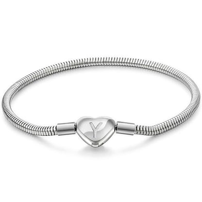 Initial Bracelet Heart Clasp Stainless Steel Snake Chain Alphabet Letter Charm Gift for Women Mom Girlfriend Wife - style: Y