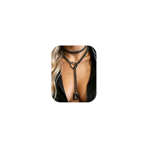 Black Heart Slip Chain Initial Necklaces for Women, Stainless Steel Wrap Choker Necklace, Gothic O-Ring Adjustable Lariat Y Necklaces, Punk Cuban Collar Choker Necklace, Halloween Jewelry Gift