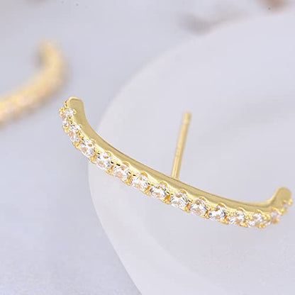 18K Gold Plated Sterling Silver Paved Gemstone Curved Bar Ear Cuffs Suspender Earrings CZ Huggie Earrings - color: 18K Gold Plated