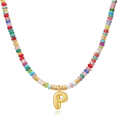 YOUFENG Initial Letter Necklaces for Women Colorful Beaded Gemstone Choker 14K Gold Plated Bubble Letter Pendant Necklace Natural Stone Handmade Jewelry Gift - color: P