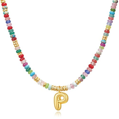 YOUFENG Initial Letter Necklaces for Women Colorful Beaded Gemstone Choker 14K Gold Plated Bubble Letter Pendant Necklace Natural Stone Handmade Jewelry Gift - color: P