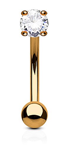 Forbidden Body Jewelry 16g 8mm Surgical Steel Curved Barbell w/Solitaire CZ for Daith, Eyebrow & Rook Piercings - color: Rose Gold/Clear