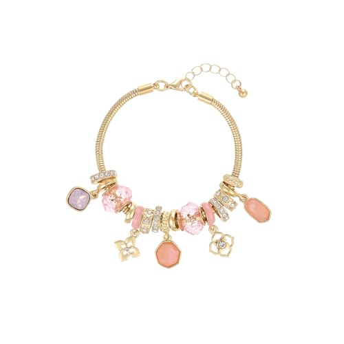 Charm Bracelet Gold Bracelets for Women Gifts | LOVE Heart Hollow Flower Bow Pink Green Square Gemstone Beaded Charm Bracelet Cute Adjustable Bracelet Jewelry - style: Lavender Pink Square Gemstone