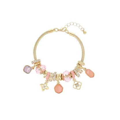 Charm Bracelet Gold Bracelets for Women Gifts | LOVE Heart Hollow Flower Bow Pink Green Square Gemstone Beaded Charm Bracelet Cute Adjustable Bracelet Jewelry - style: Lavender Pink Square Gemstone