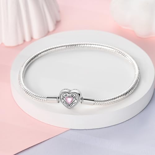 MULA 925 Sterling Silver Snake Chain Charm Bracelet Butterfly Heart Clover with 5A Cubic Zirconia Bracelets for Women - color: Retro Heart
