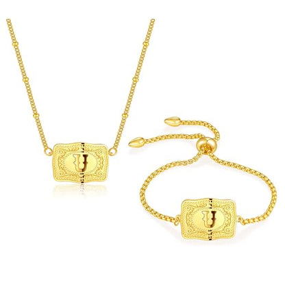 2 Pcs Belt Buckle Initial Necklace Bracelet Jewelry Set for Women, 18K Gold/Silver Plated Belt Buckle Initial A-Z Necklace Bracelet Set Unique Western Style Jewelry Gifts - style: Gold-U