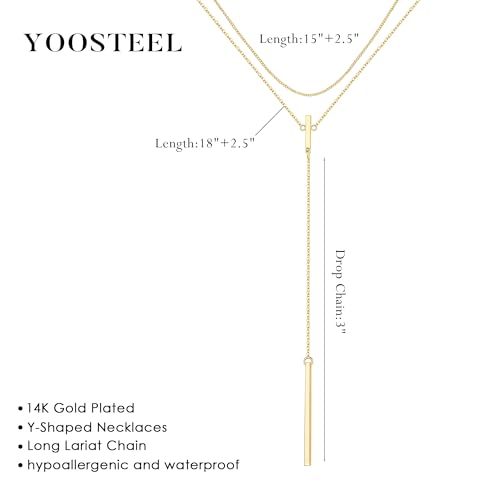 Yoosteel Long 14K-Gold-Plated Necklace for Women,Layered Lariat Necklaces | Dainty Y Drop Necklaces, Western Necklace Stack,Simple Bar Heart Circle Pendant,Prom Choker Chain Jewelry,Trendy Gifts - color: 01-Layered Long Bar Y-Shaped Necklace