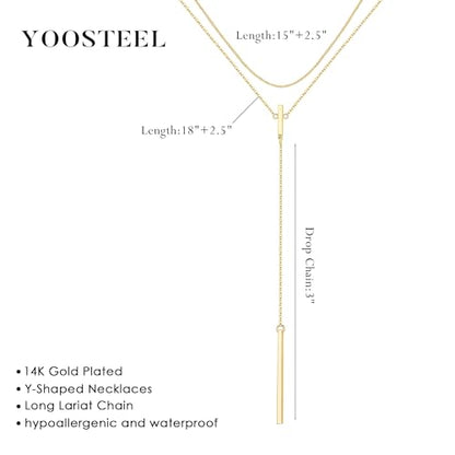 Yoosteel Long 14K-Gold-Plated Necklace for Women,Layered Lariat Necklaces | Dainty Y Drop Necklaces, Western Necklace Stack,Simple Bar Heart Circle Pendant,Prom Choker Chain Jewelry,Trendy Gifts - color: 01-Layered Long Bar Y-Shaped Necklace