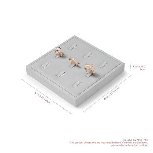Microfiber 9 Slots Jewelry Ring Display Tray | Professional Display Props Ring Display Organizer Tray Gray - size: 5.52" x 5.52" x 0.78"