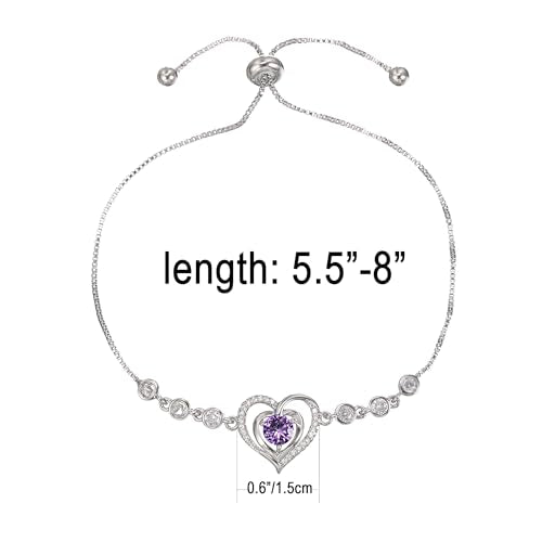 14K White Gold Plated Heart Bracelet for Women, Zircon Inlay Love Heart Charm Chain Bracelet Bangle with Adjustable Length - color: silver-purple