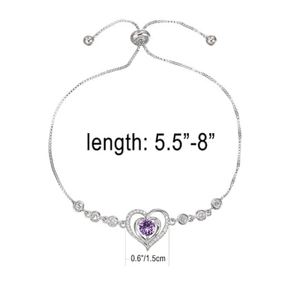 14K White Gold Plated Heart Bracelet for Women, Zircon Inlay Love Heart Charm Chain Bracelet Bangle with Adjustable Length - color: silver-purple