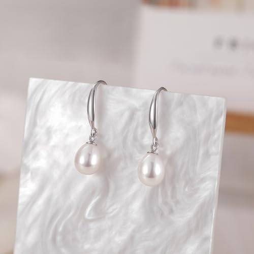 EAMTI Pearl Earrings for Women 925 Sterling Silver Freshwater Cultured Pearl Dangle Drop Earrings Hook Earrings Hypoallergenic - color: Rice Pearl-Silver