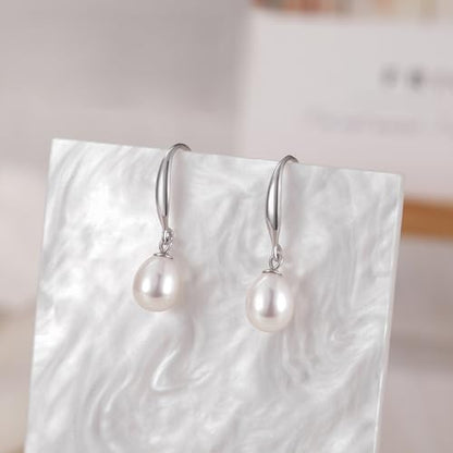 EAMTI Pearl Earrings for Women 925 Sterling Silver Freshwater Cultured Pearl Dangle Drop Earrings Hook Earrings Hypoallergenic - color: Rice Pearl-Silver