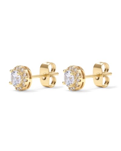 PAVOI 14K Gold Plated 925 Sterling Silver Post Brilliant Round Faux Diamond Halo Earrings - Premium Cubic Zirconia - style: 6.35mm Round