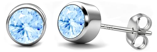 Neshat Tiny Birthstone Earrings for Women, 925 Sterling Silver Bezel Crystal Stud Earrings, 4mm Minimalist Sapphire/Amethyst/Aquamarine/Emerald Earrings Studs - style: 03. March-Created Aquamarine