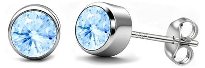 Neshat Tiny Birthstone Earrings for Women, 925 Sterling Silver Bezel Crystal Stud Earrings, 4mm Minimalist Sapphire/Amethyst/Aquamarine/Emerald Earrings Studs - style: 03. March-Created Aquamarine