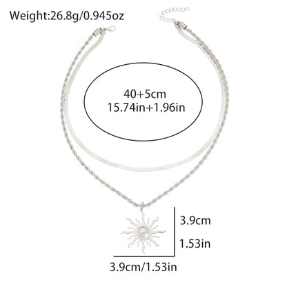 Sun Necklace for Women 14K Gold Silver Plated Layered Charm Necklace Double Chain Charm Pendant Necklaces Trendy Daily Wear Statement Jewelry Gift - color: Silver